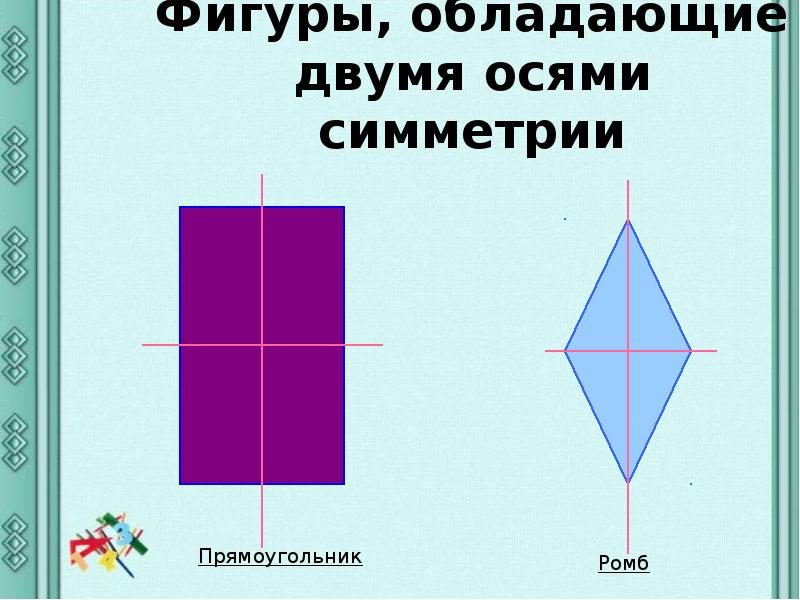 2 симметричные фигуры. Фигуры обладающие двумя осями симметрии. Фигуры с несколькими осями симметрии. Оси симметрии фигур 2 класс. Фигура с двумя осями симметрии.