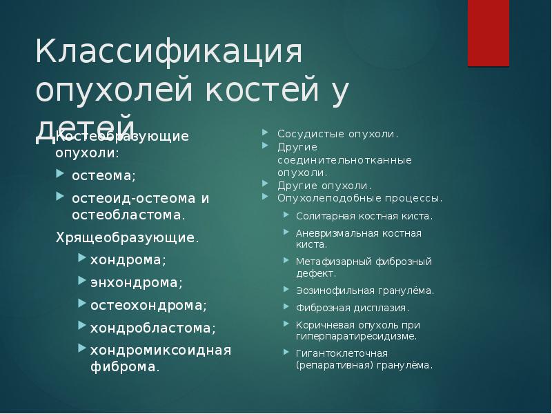 Классификация опухолей костей у детей Костеобразующие опухоли: остеома; остеоид-остеома и остеобластома.