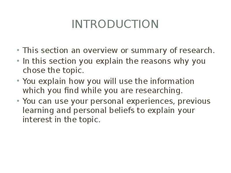introduction This section an overview or summary of research. In this