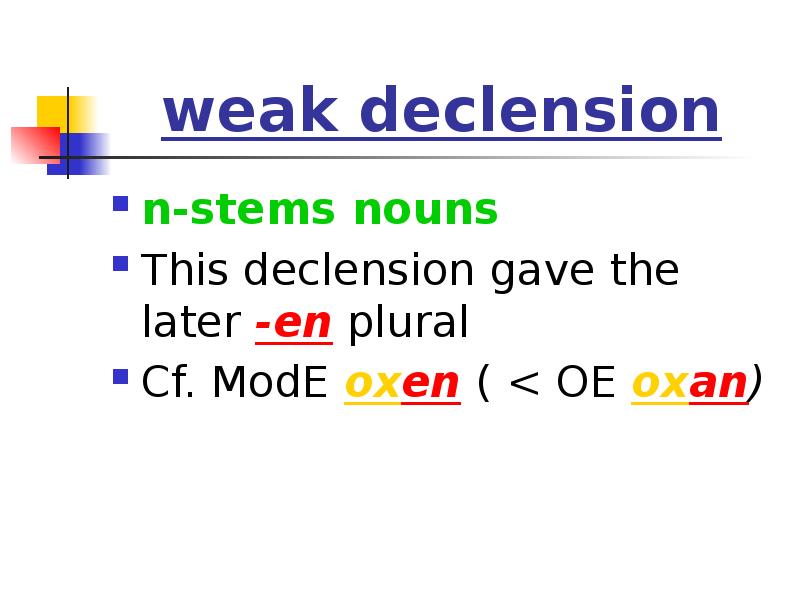 weak declension
n-stems nouns
This declension gave the later -en plural
weak declension
n-stems nouns
This declension gave the later -en plural