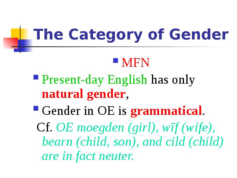 The Category of Gender
MFN
Present-day English has only natural gender,
The Category of Gender
MFN
Present-day English has only natural gender,