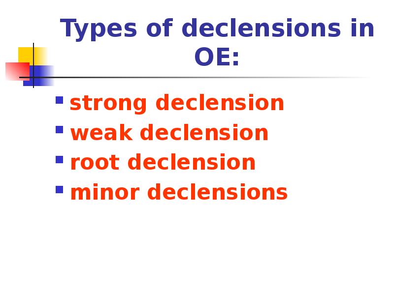 Types of declensions in OE:
strong declension
weak declension
root Types of declensions in OE:
strong declension
weak declension
root