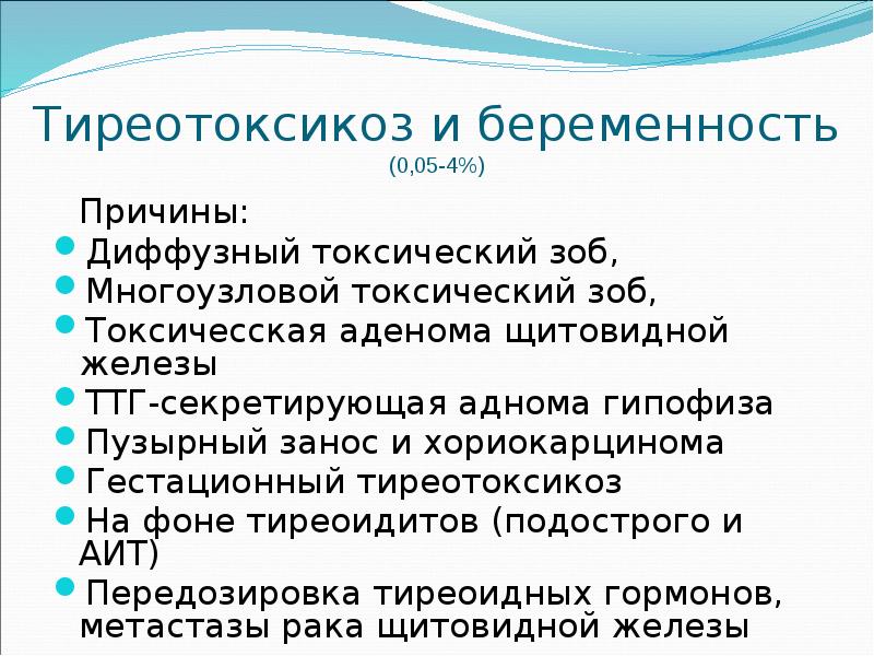 Тиреотоксикоз и беременность (0,05-4%) 	Причины: Диффузный токсический зоб, Многоузловой токсический зоб,