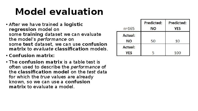 Model evaluation
After we have trained a logistic regression model on some training dataset Model evaluation
After we have trained a logistic regression model on some training dataset