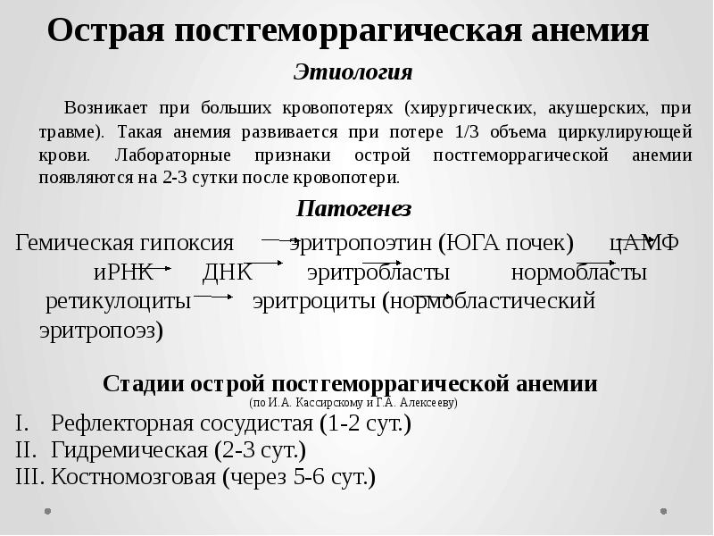 Острая постгеморрагическая анемия  Этиология   Возникает при больших кровопотерях
