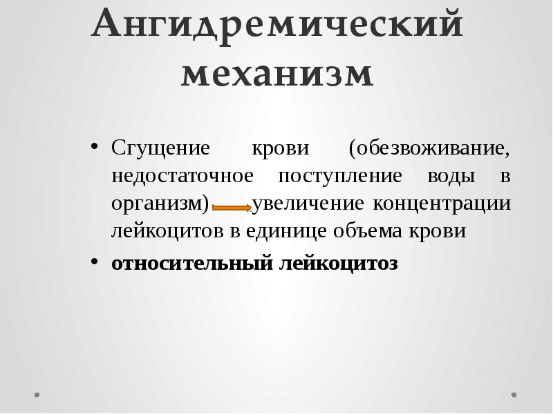 Ангидремический механизм Сгущение крови (обезвоживание, недостаточное поступление воды в организм) 