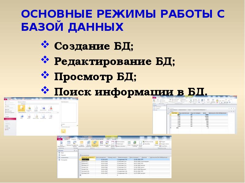 Режим работы базы данных. Режимы работы базе данных. Основные режимы работы с БД. Основные режимы работы СУБД.