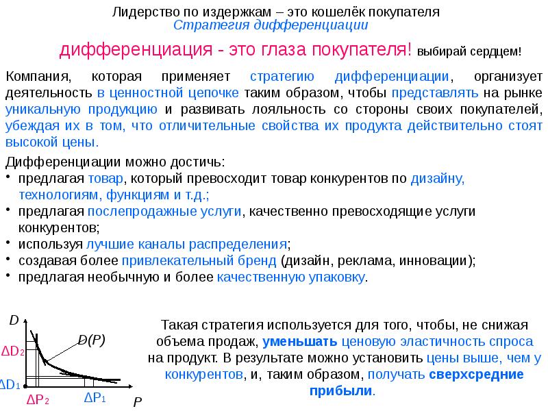 Стратегия дифференциации. Стратегия дифференциации применима. Дифференциация спроса это. Учет динамики издержек в стратегии фирмы..