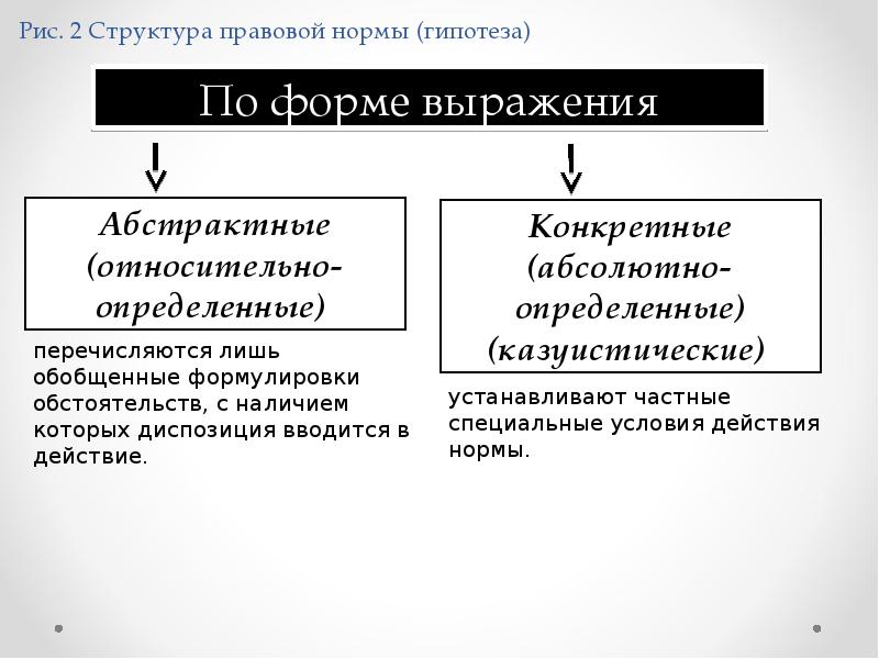 Изложение правовой нормы. Абстрактные и казуистические гипотезы нормы права. Относительно определенная гипотеза. Гипотеза по форме выражения. Нормы права по форме выражения.