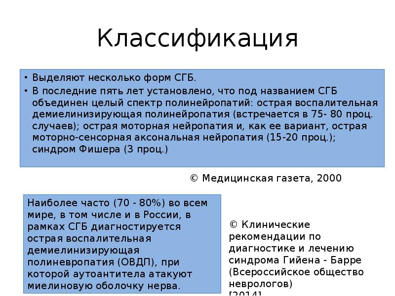 Классификация
Выделяют несколько форм СГБ.
В последние пять лет установлено, что Классификация
Выделяют несколько форм СГБ.
В последние пять лет установлено, что
