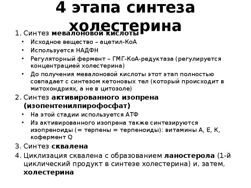 4 этапа синтеза холестерина
Синтез мевалоновой кислоты
Исходное вещество – ацетил-КоА
4 этапа синтеза холестерина
Синтез мевалоновой кислоты
Исходное вещество – ацетил-КоА
