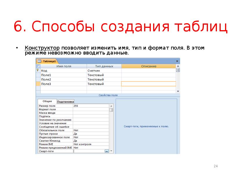 Ключевое поле должно быть. Способы создания таблиц в СУБД. Конструктор таблиц позволяет:. С помощью чего создается таблица в СУБД?. Опишите способы создания ключевого поля.