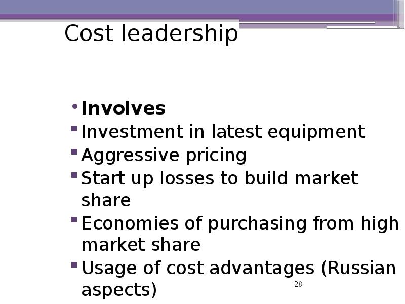 Cost leadership Involves Investment in latest equipment Aggressive pricing Start up