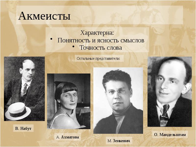 Акмеисты Характерна: Понятность и ясность смыслов Точность слова