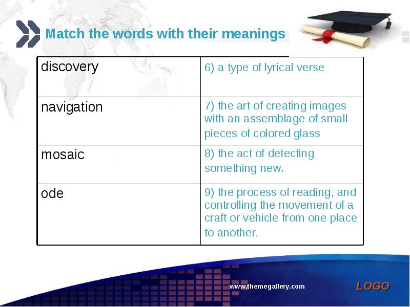 Match the words with their meanings. Discover meaning.