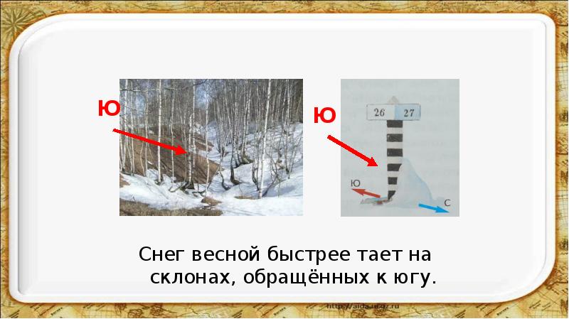 Быстро тает. Ориентирование на местности по таянию снега. Ориентирование по таянию снега на склонах. Снег весной быстрее тает на склонах обращенных к югу. Ориентирование зимой на местности.