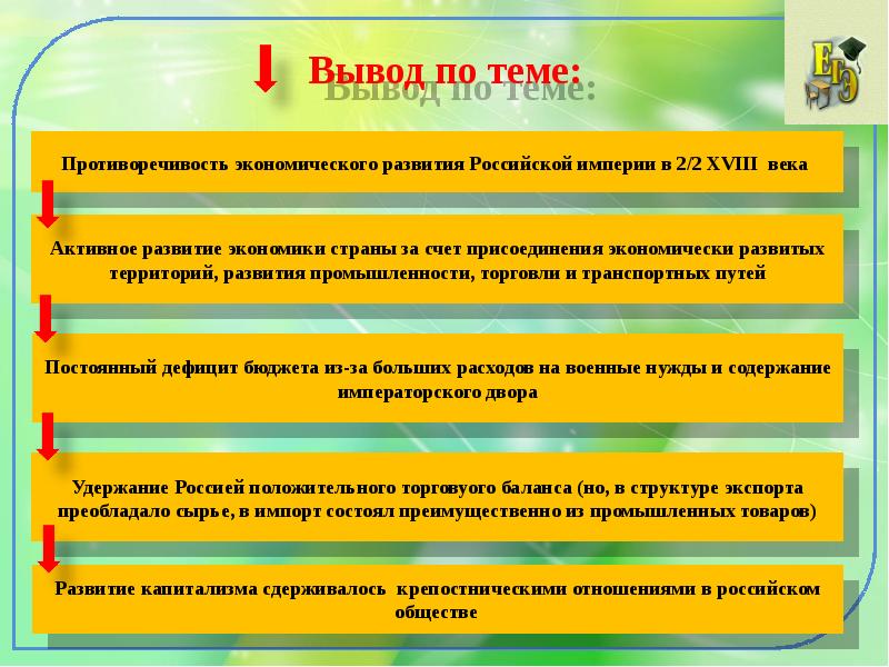 Экономическое развитие россии при екатерине 2 план параграфа