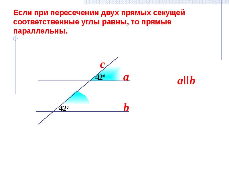 Доказать что при пересечении двух параллельных прямых секущей соответственные углы равны с рисунком