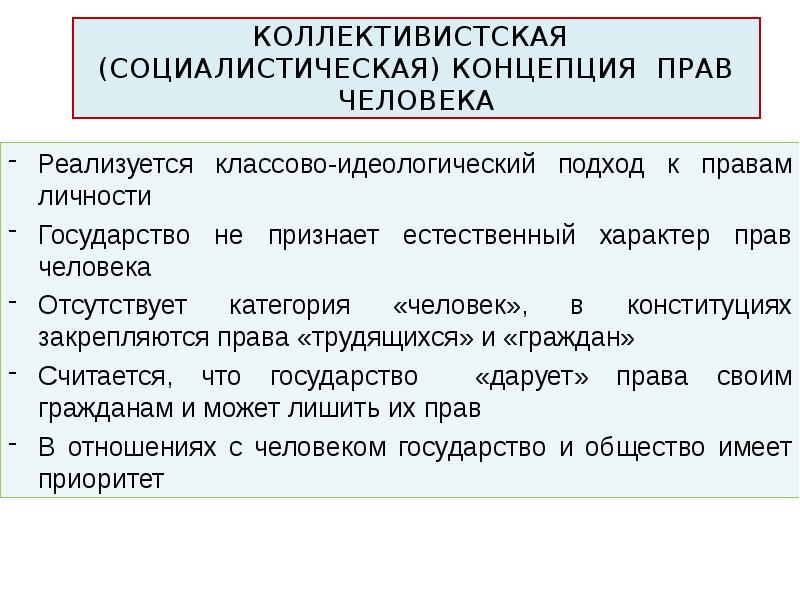 Право модели. Концепции прав и свобод человека. Социалистическая концепция прав человека. Концепция прав человека и гражданина в России. Основные концепции прав человека.