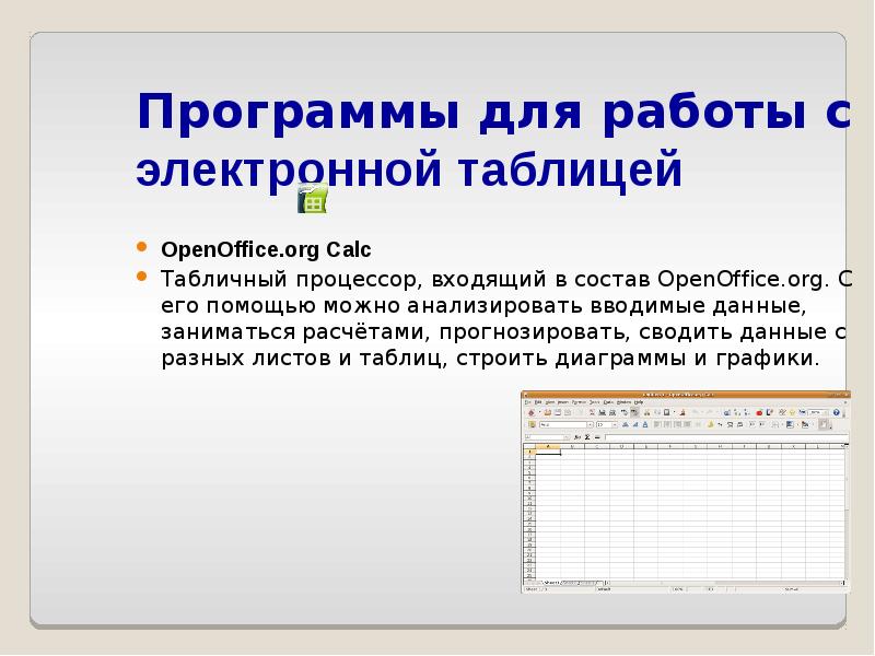 Начало работы программы. Программы для работы с электронными таблицами. Электронные таблицы Calc. Программы для работы с электронными таблицами список. Электронные таблицы список программ.