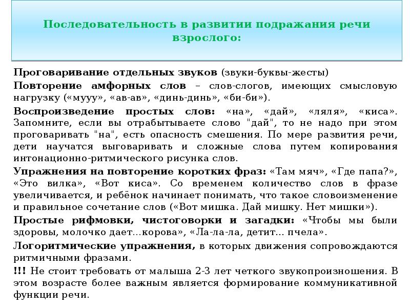 Последовательность работы с неговорящими детьми. Слова не имеющие смысловой нагрузки. Сопряженное и отраженное проговаривание стойких речевых конструкций. Проговаривание функции.