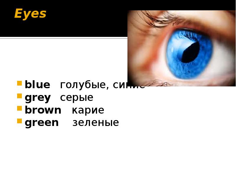 Eyes
blue голубые, синие
grey серые
brown карие
green зеленые Eyes
blue голубые, синие
grey серые
brown карие
green зеленые