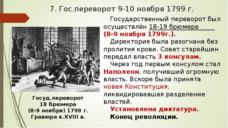 Директория революции. 1799 Г. − государственный переворот Наполеона Бонапарта 18–19 брюмера. Государственный переворот 18 брюмера 1799 года. Государственный переворот Наполеона Бонапарта 19 брюмера. Государственные переворот 9-10 ноября 18-19 брюмера.