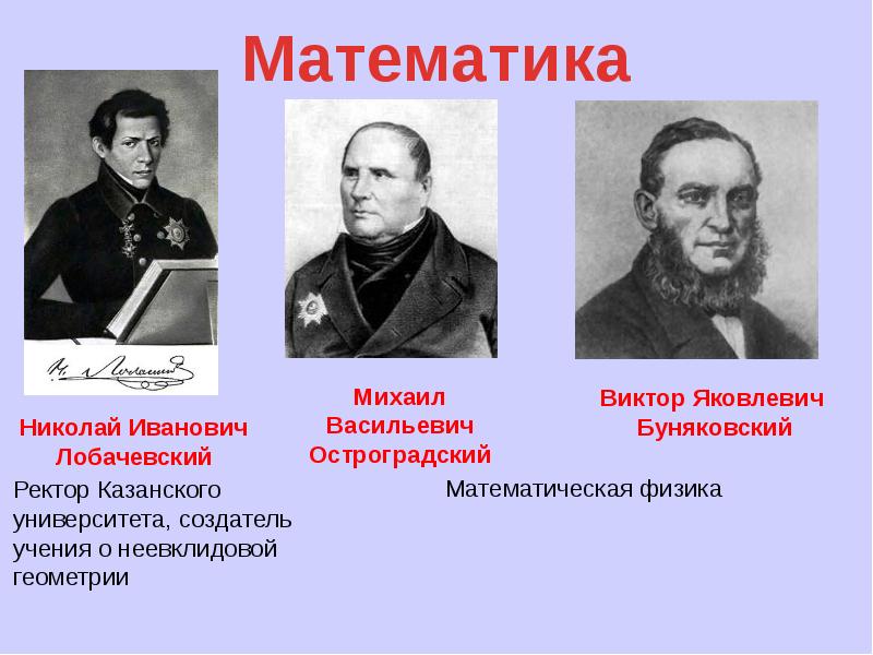 Й половине 19 века. Остроградский и Лобачевский. Михаил Лобачевский. Михаил Васильевич Остроградский и Виктор Яковлевич Буняковский. Буняковский Виктор Яковлевич презентация.