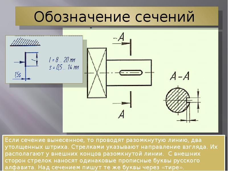 Обозначение разреза. Как изображают линию сечения. Обозначение сечения. Выносное сечение. Сечение обозначается.