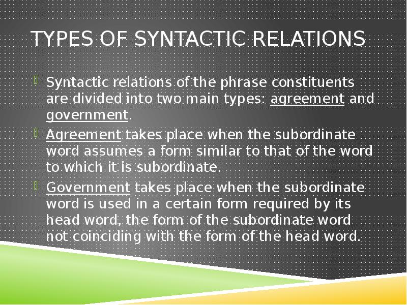 Types of Syntactic Relations
Syntactic relations of the phrase constituents are Types of Syntactic Relations
Syntactic relations of the phrase constituents are