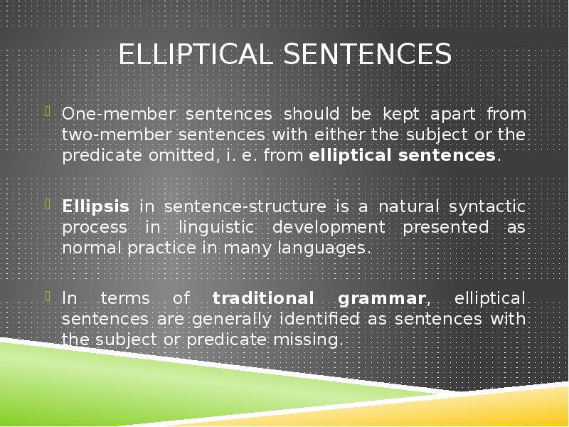 Elliptical Sentences
One-member sentences should be kept apart from two-member sentences Elliptical Sentences
One-member sentences should be kept apart from two-member sentences
