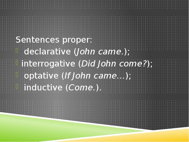 Sentences proper:
declarative (John came.);
interrogative (Did John come?);
Sentences proper:
declarative (John came.);
interrogative (Did John come?);