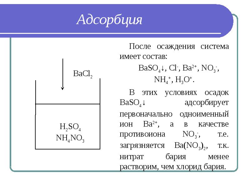 Полное осаждение ионов. Метод адсорбции. Образование осадка baso4. Осаждение ba2+ условия. Реакция адсорбции.
