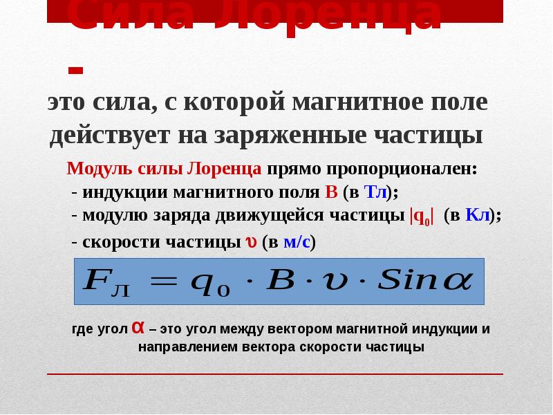 Сила Лоренца -
это сила, с которой магнитное поле Сила Лоренца -
это сила, с которой магнитное поле