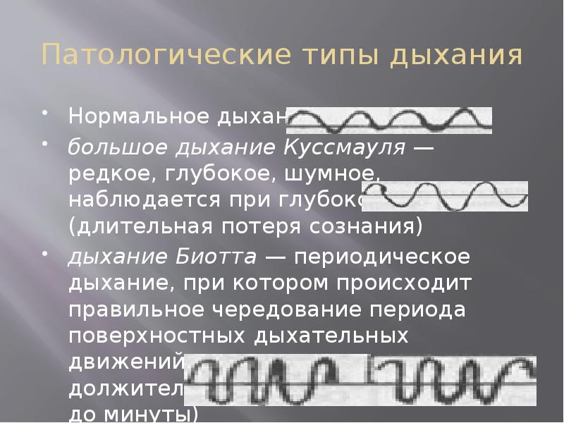 Патологические типы дыхания
Нормальное дыхание
большое дыхание Куссмауля — редкое, глубокое, Патологические типы дыхания
Нормальное дыхание
большое дыхание Куссмауля — редкое, глубокое,