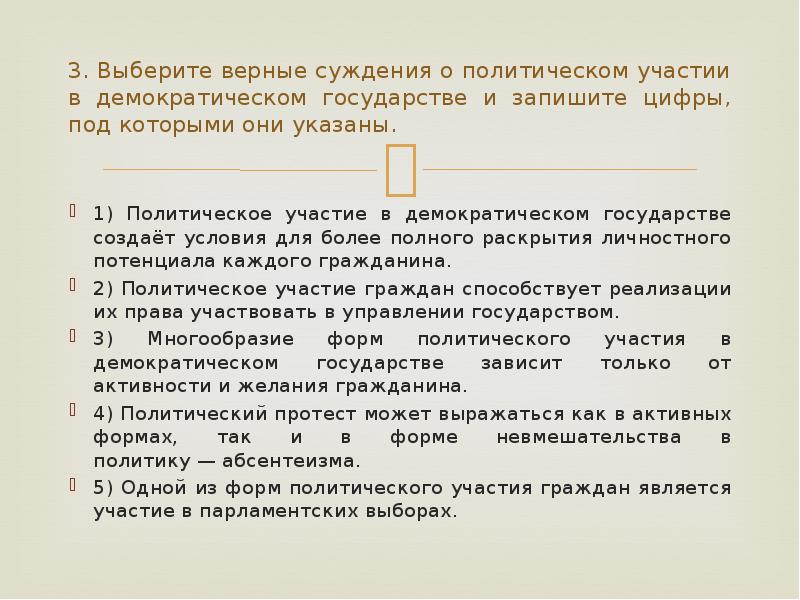 Политическое участие в демократическом государстве план