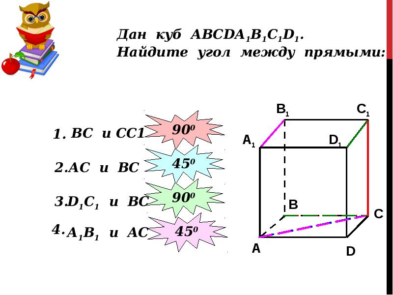 Прямые куба. Куб авсdа1в1с1d1. Дан куб Найдите угол между прямыми а1д и сс1. Угол между двумя прямыми куб таблица 1. Взаимное расположение прямых в пространстве угол между прямыми.