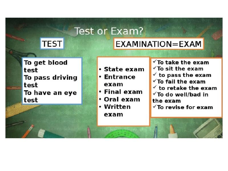 Spotlight 8 слова. Test Exam разница. Различие между Test и Exam. Test and Exam разница в значении. Отличие слов Test Exam.