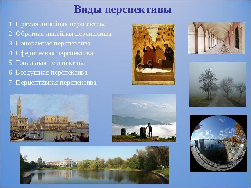 Виды перспективы 1. Прямая линейная перспектива 2. Обратная линейная перспектива 3.