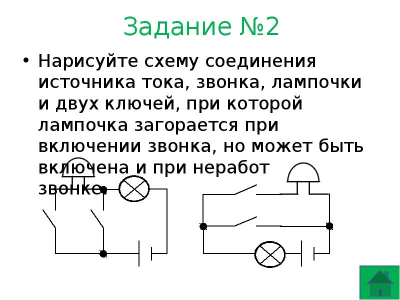 Нужно нарисовать схему. Схема соединения источника тока лампочки и переключателя. Схема соединения источника тока лампочки и двух переключателей. Схема электрическая 2 лампы ключа источник тока. Схема включение электрического звонка и электрической лампы.