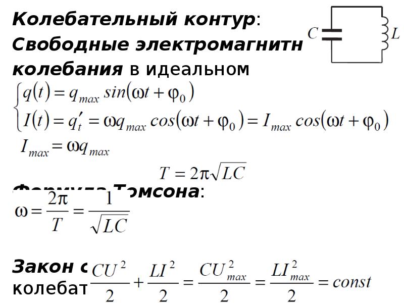 В идеальном колебательном контуре колебания тока. Формулы по физике на тему колебательный контур. Уравнение свободных электромагнитных колебаний. Формула Томсона. Свободные электромагнитные колебания формулы. Колебательный контур физика 10 класс.