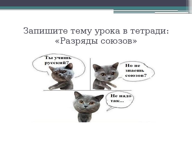 Запишите тему урока в тетради: «Разряды союзов» Запишите тему урока в тетради: «Разряды союзов»