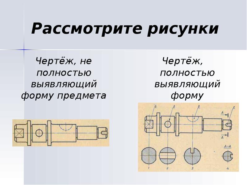 Рассмотрите рисунки
Чертёж, не полностью выявляющий форму предмета Рассмотрите рисунки
Чертёж, не полностью выявляющий форму предмета