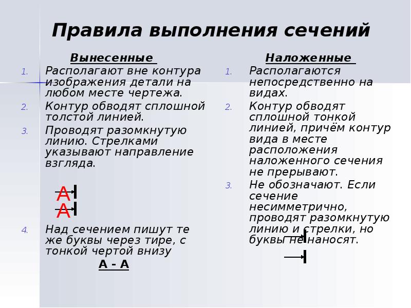 Правила выполнения сечений
Вынесенные
Располагают вне контура изображения детали Правила выполнения сечений
Вынесенные
Располагают вне контура изображения детали
