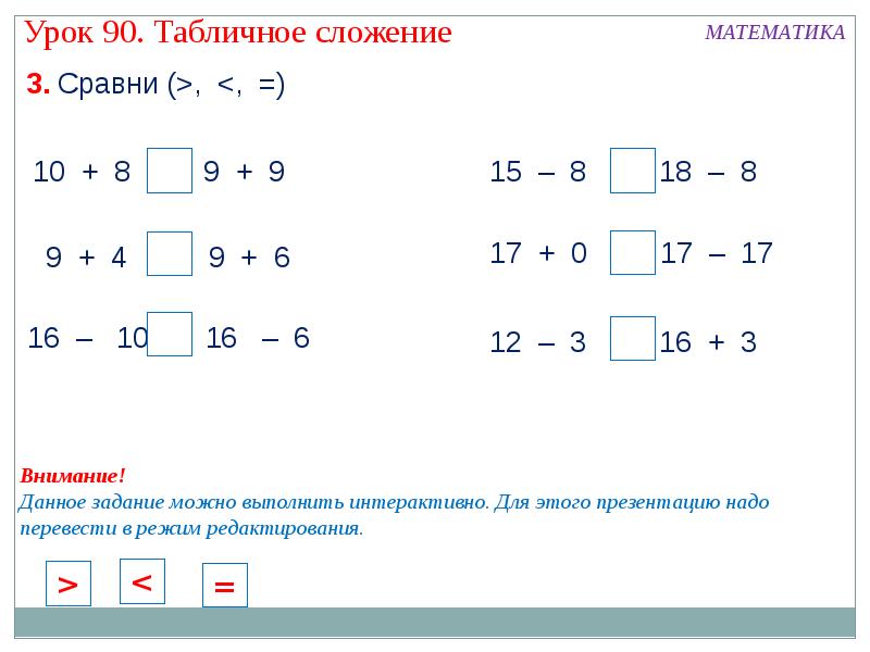 Табличное сложение и вычитание 1 класс презентация