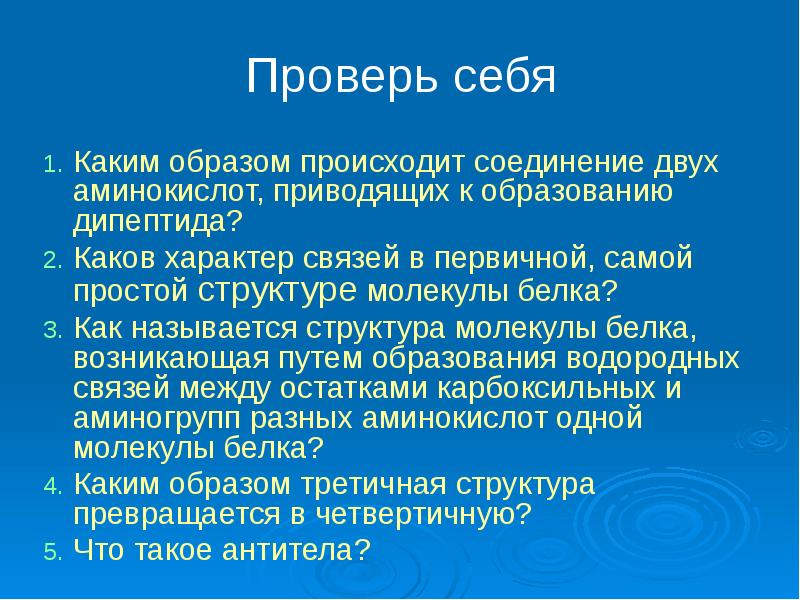 Проверь себя
Каким образом происходит соединение двух аминокислот, приводящих к образованию Проверь себя
Каким образом происходит соединение двух аминокислот, приводящих к образованию