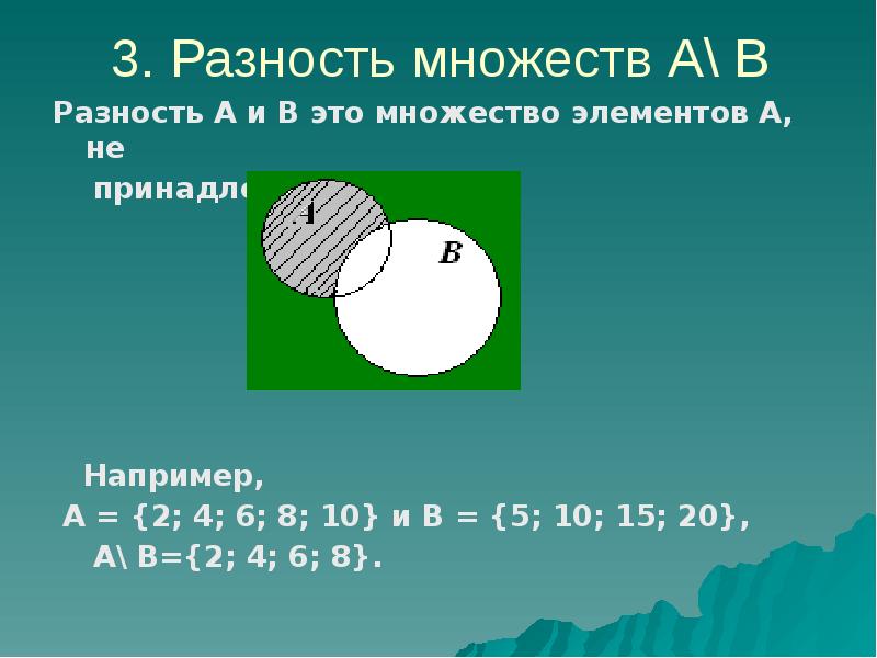 Разность множеств а и б примеры