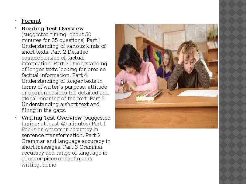 Format Format Reading Test Overview (suggested timing: about 50 minutes for