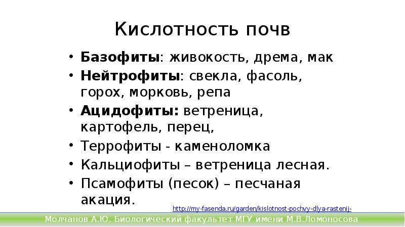 Кислотность почв
Базофиты: живокость, дрема, мак
Нейтрофиты: свекла, фасоль, горох, морковь, Кислотность почв
Базофиты: живокость, дрема, мак
Нейтрофиты: свекла, фасоль, горох, морковь,