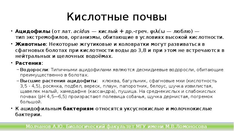Кислотные почвы
Ацидофилы (от лат. acidus — кислый + др.-греч. φιλέω — люблю) — тип экстремофилов, организмы, обитающие Кислотные почвы
Ацидофилы (от лат. acidus — кислый + др.-греч. φιλέω — люблю) — тип экстремофилов, организмы, обитающие